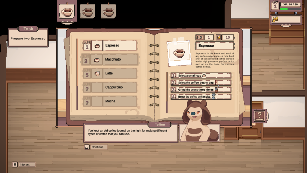 Tailside Cozy Cafe Sim - menu